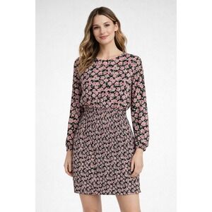 Zara Rose Floral Mini Dress Size L Long Sleeves Smocked Skirt Bodycon Pink Black